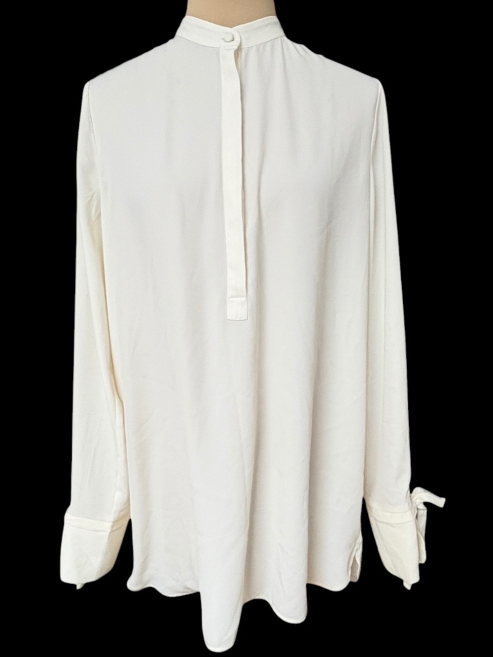 blouse ANN TAYLOR ivory S tunic pullover long sleeve mock neck silky poly slinky